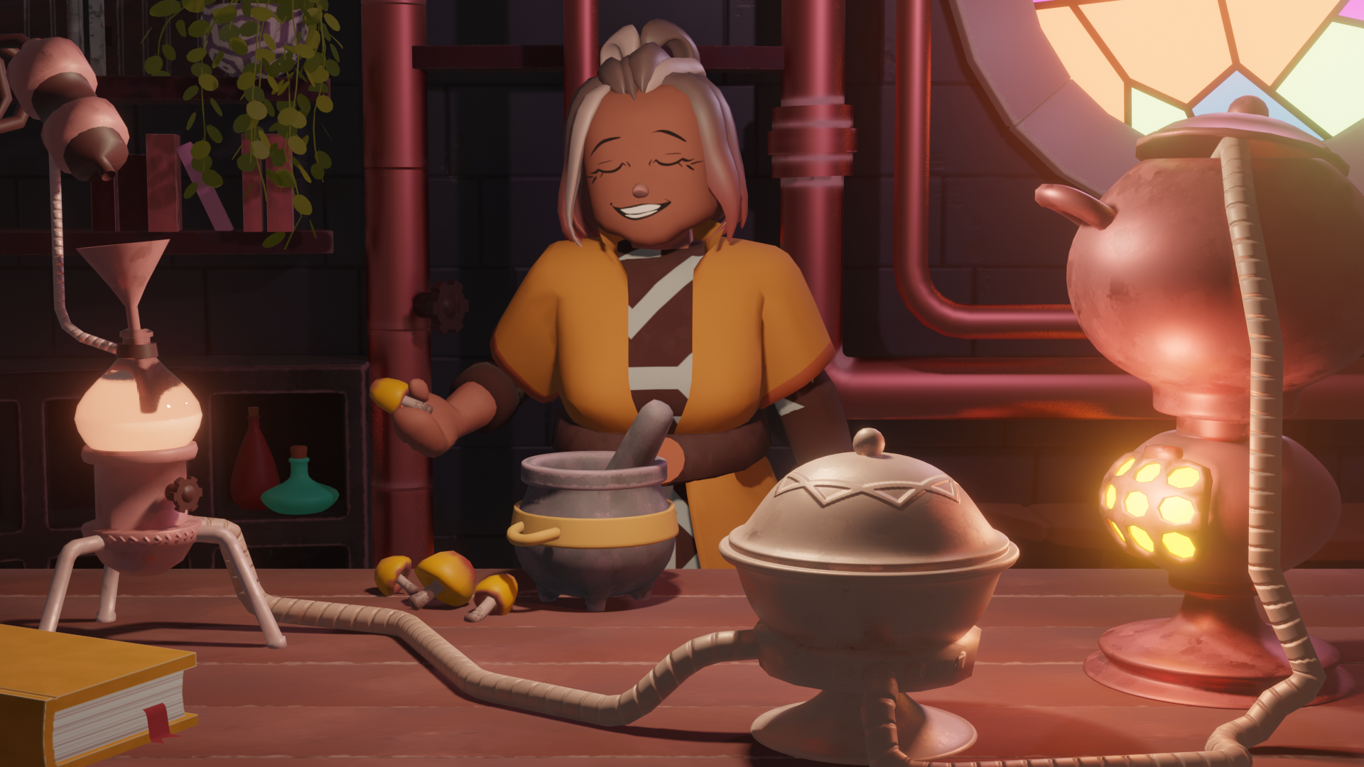 Featris smiles while making potions at a table full of ingredients and equipment.