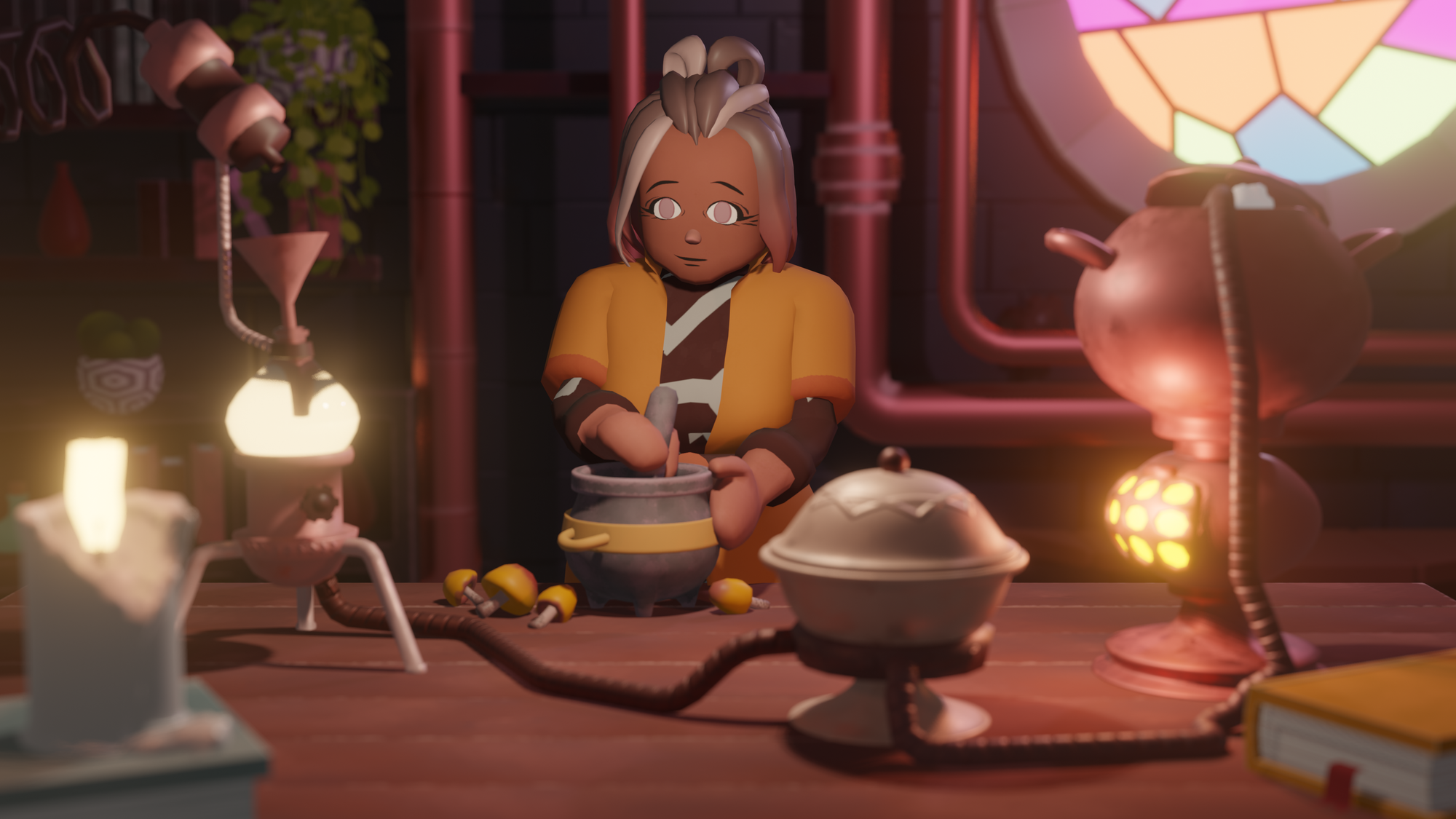 Featris smiles while making potions at a table full of ingredients and equipment.